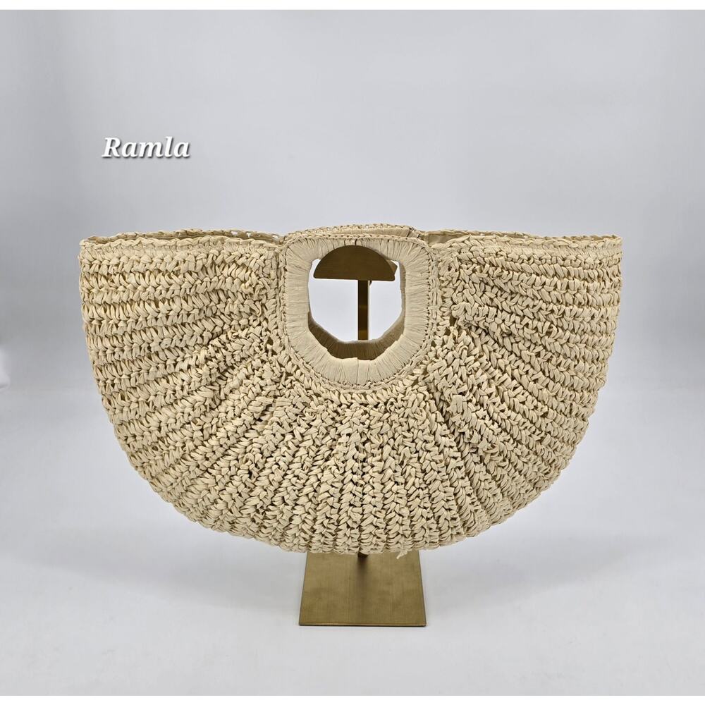 Ramla Woven Raffia Half Moon Crescent Tote Natural Straw Boho‎ Coastal Beach Bag